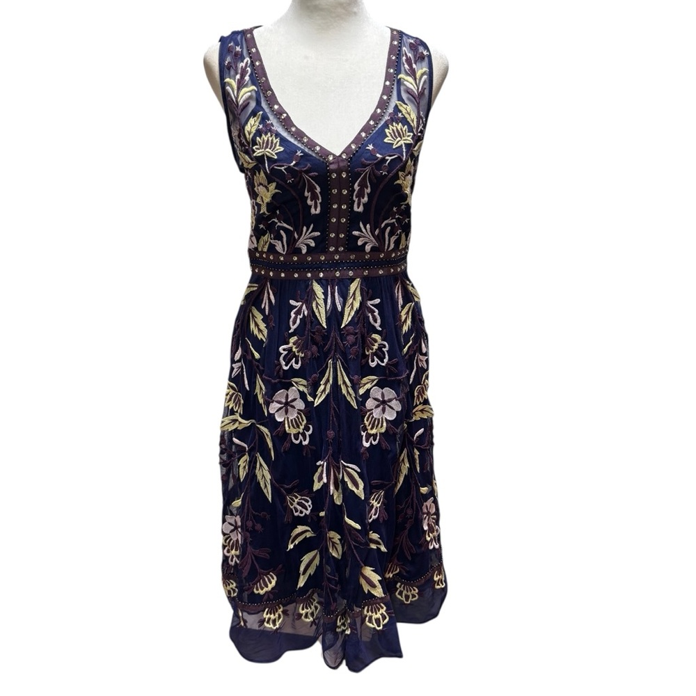 Anthropology Moulinette Soeurs Alicante Navy and‎ Gold Floral Midi Dress Size 2